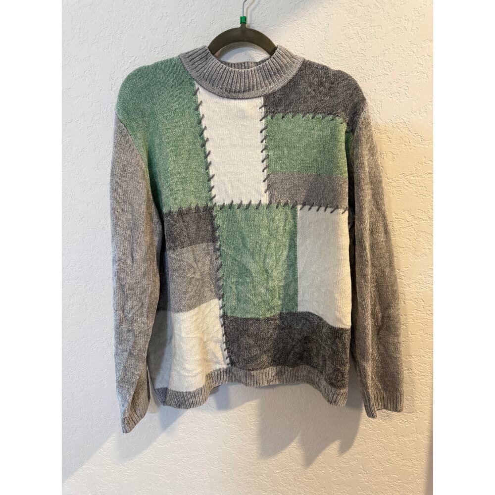Alfred Dunner Patchwork Knit Sweater Green Gray Size XL - Picture 2 of 8